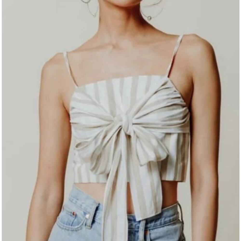 Chriselle Lim for J.O.A. Crop Top Women L Tan Cream Stripe Tie Front